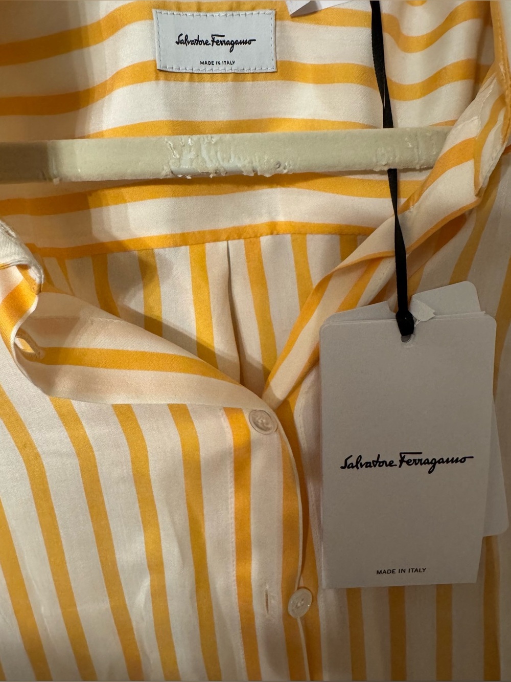 FERRAGAMO Striped Shirt Dress In White + Yellow Silk, $1375, New With Tags - Picture 5 of 6